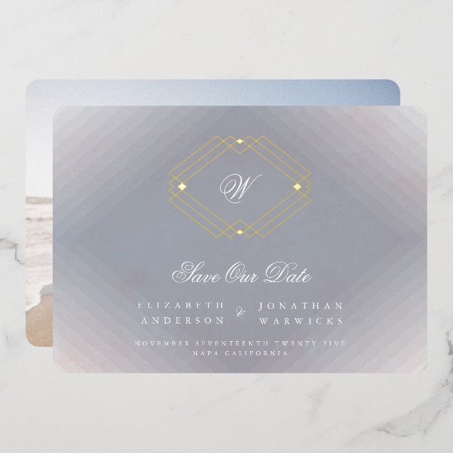 Graues Deko-Monogramm-Foto SAVE THE DATE Folieneinladung (Vorderseite/Rückseite)
