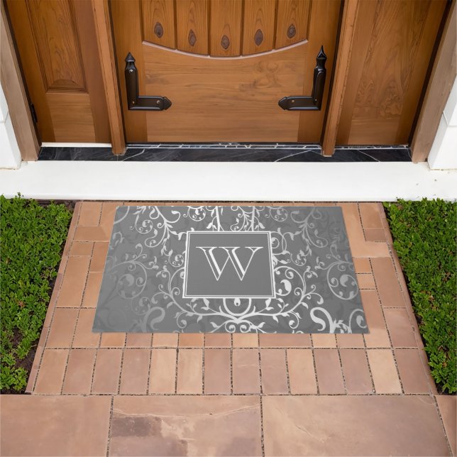 Graues Elegant Blühe Monogramm Doormat Fußmatte (Außenbereich)