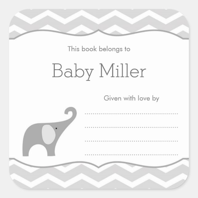 Graues Elephant Baby Dusche Buchzeichen, neutral Quadratischer Aufkleber (Vorderseite)