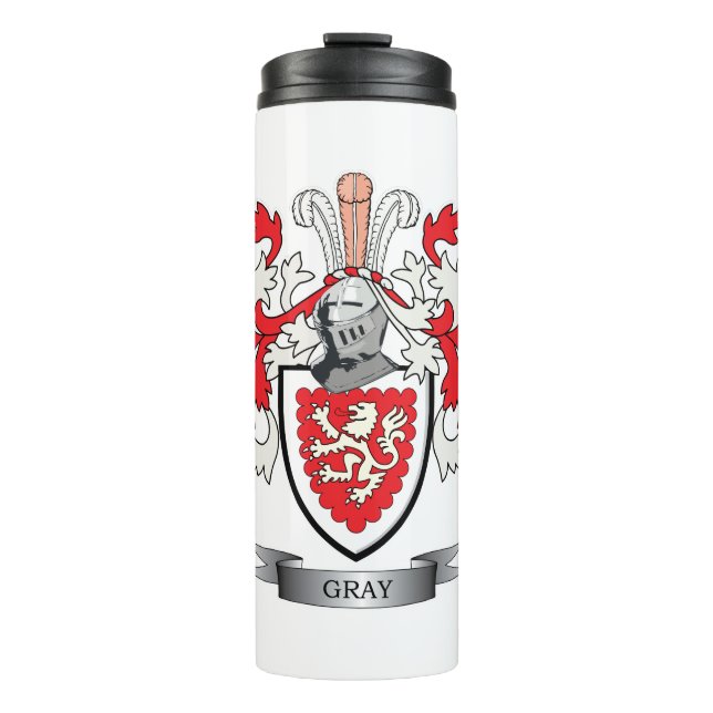 Graues Familienwappen-Wappen Thermosbecher (Vorderseite)