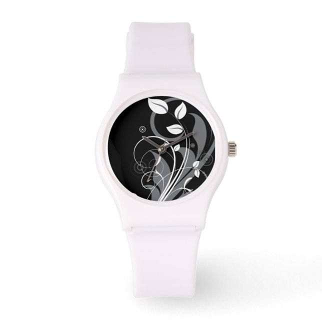 Graues florales Muster auf schwarz Armbanduhr (Vorderseite)