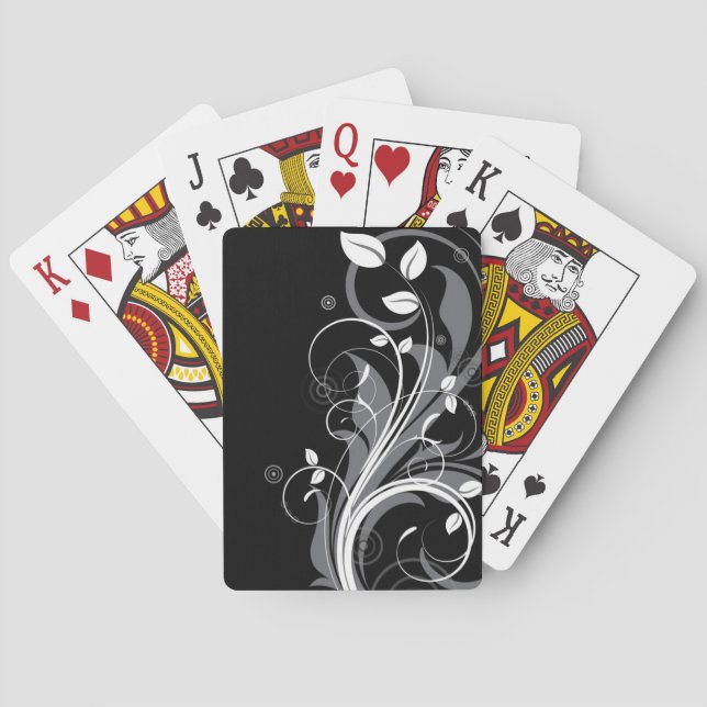 Graues florales Muster auf schwarz Spielkarten (Rückseite)
