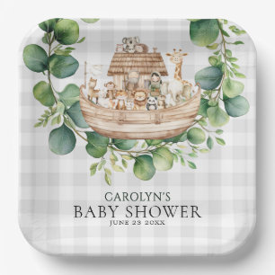 Graues Gingham-Aquarell Noahs Arche Baby Shower Pappteller