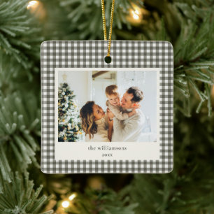 Graues Gingham-Familienfoto Weihnachten personalis Keramikornament