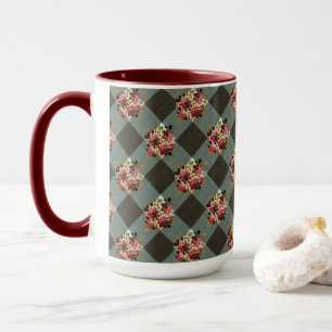 Graues Gingham und burgunderrote Floral Country Tasse