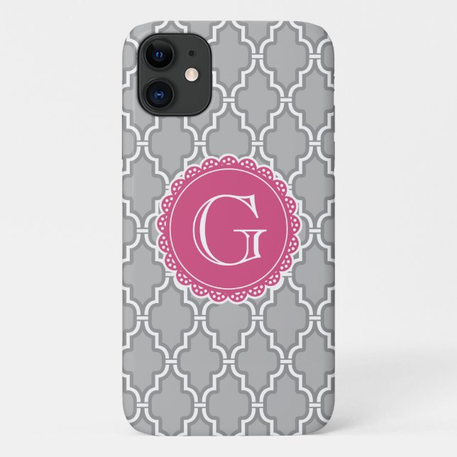 Graues Gitter florrosa Monogramm Case-Mate iPhone Hülle (Rückseite)
