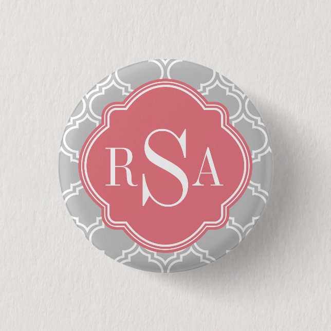 Graues Gittermuster Pink Monogramm Button (Vorderseite)