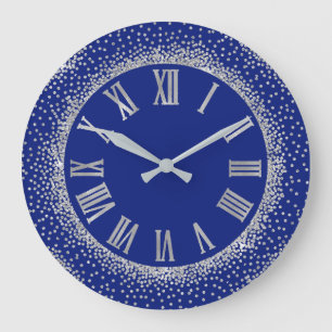 Graues Glitzer-Silber-römisches Zahl-Indigo-Blau Große Wanduhr