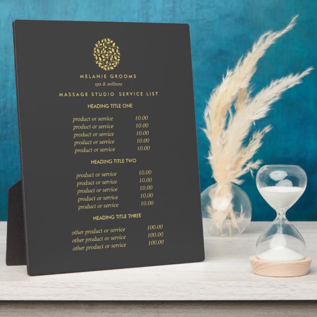 Graues Gold-Blätter-Logo | Preise für Wellness-Cen Fotoplatte (Seite)