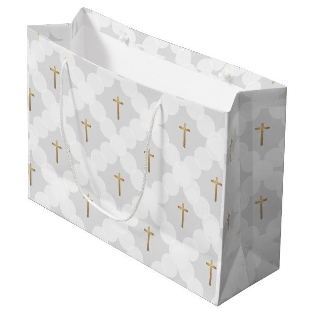 Graues Gold Cross Modernes Kreismuster Große Geschenktüte (Vorderseite Schrägansicht)