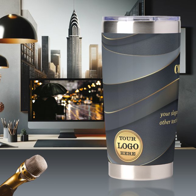 Graues Gold-Geschäft mit benutzerdefinierten Logos Thermobecher (Office thermal tumbler featuring your custom logo and texts on a grey gold abstract design)