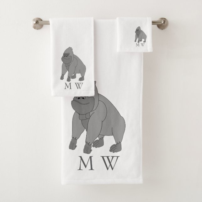 Graues Gorilla-Design mit Monogramm Badhandtuch Set (Insitu)