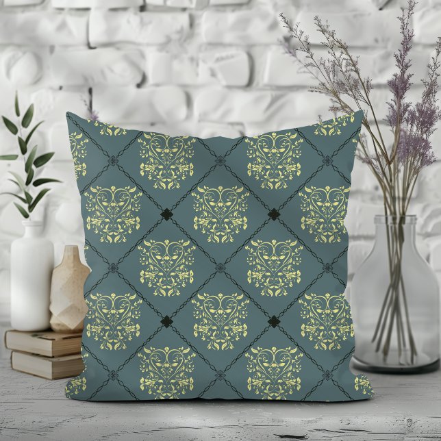 Graues Green Diamond Damask Muster Kissen (Von Creator hochgeladen)
