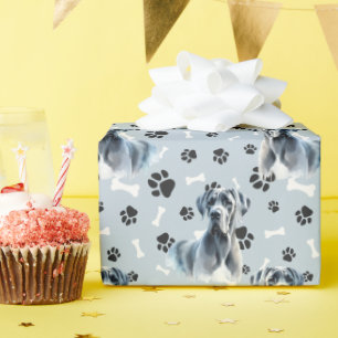Graues Großes Dan Dog Portrait Paw Print Pattern Geschenkpapier