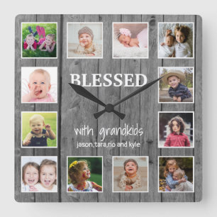 Graues Holz 12 FotoCollage Selig Großeltern Quadratische Wanduhr