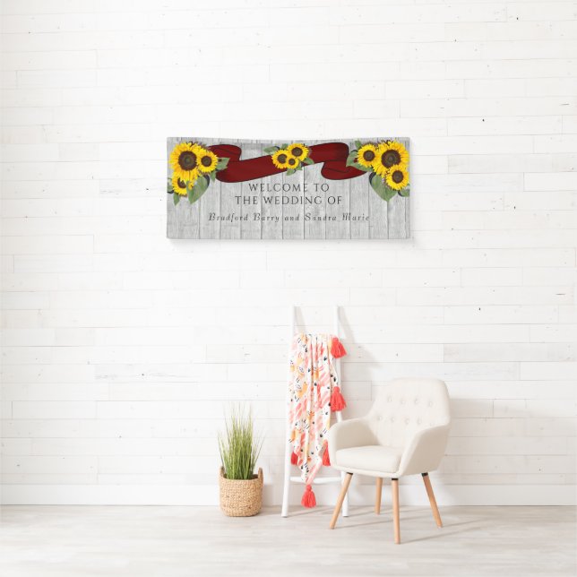 Graues Holz Terracotta Sonnenblume Rustikale Hochz Banner (Insitu)