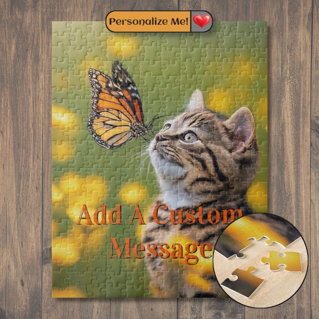 Graues Kätzchen Orangefarbener Schmetterling (Grey Kitten Orange Butterfly Jigsaw Puzzle)