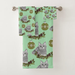 Graues Katzenmuster mit grünen Ornamenten Badhandtuch Set