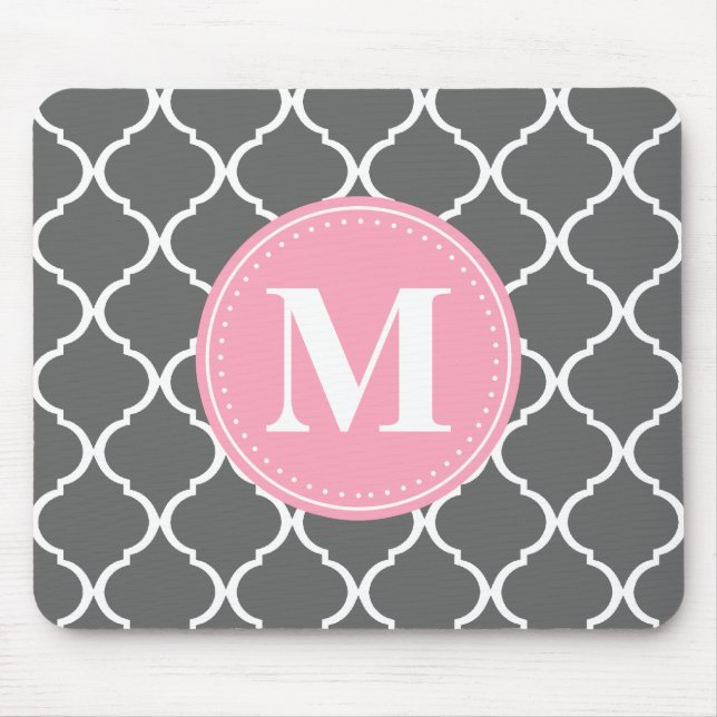 Graues marokkanisches Gitter Rosa Monogramm Mousepad (Vorne)