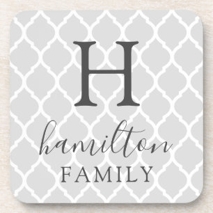 Graues marokkanisches Muster Familienmonogramm Getränkeuntersetzer