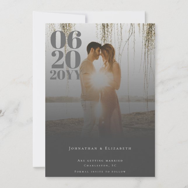 Graues Minimalistisches, feines Foto Save The Date (Rückseite)