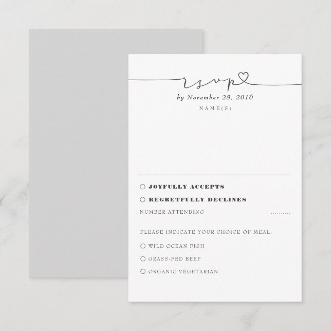 Graues modernes Minimal-Hochzeitsszenario RSVP Karte (Vorne/Hinten)