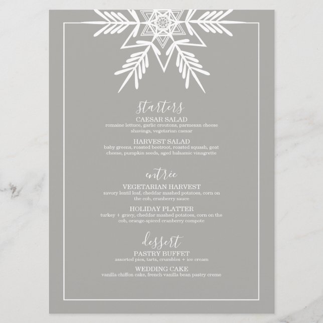 Graues, modernes WINTER WONDERLAND Hochzeitsmenü Menükarte (Vorderseite)