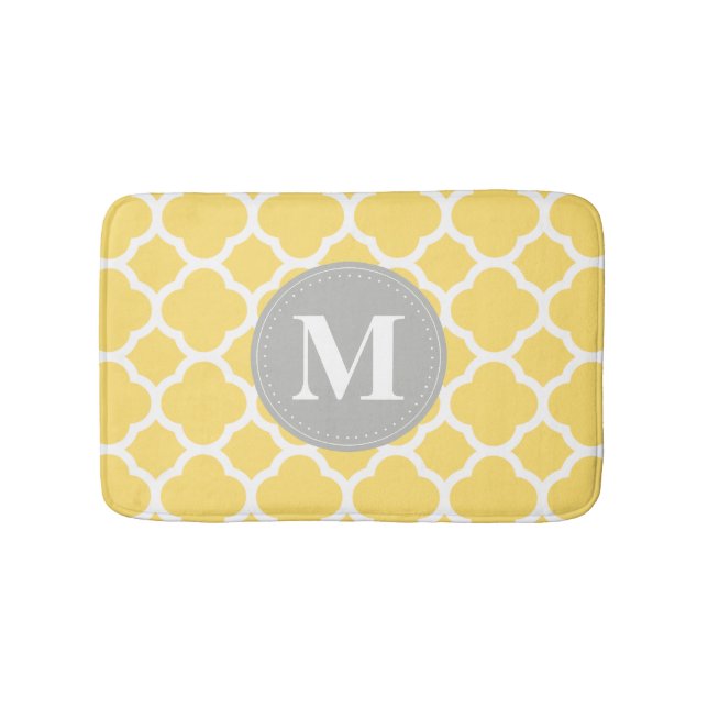 Graues Monogramm Gelbes Quatrefolienmuster Badematte (Vorderseite)