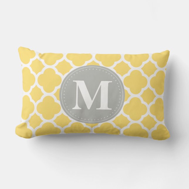Graues Monogramm Gelbes Quatrefolienmuster Lendenkissen (Vorderseite)