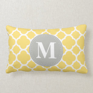 Graues Monogramm Gelbes Quatrefolienmuster Lendenkissen