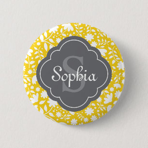 Graues Monogramm Quatrefoliengelbes Blumenmuster Button