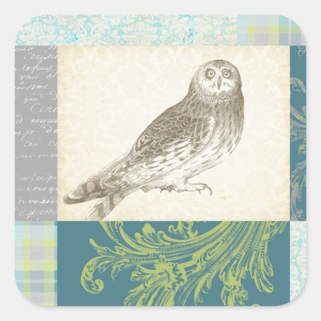 Graues Owl im Muster-Hintergrund Quadratischer Aufkleber (Vorderseite)