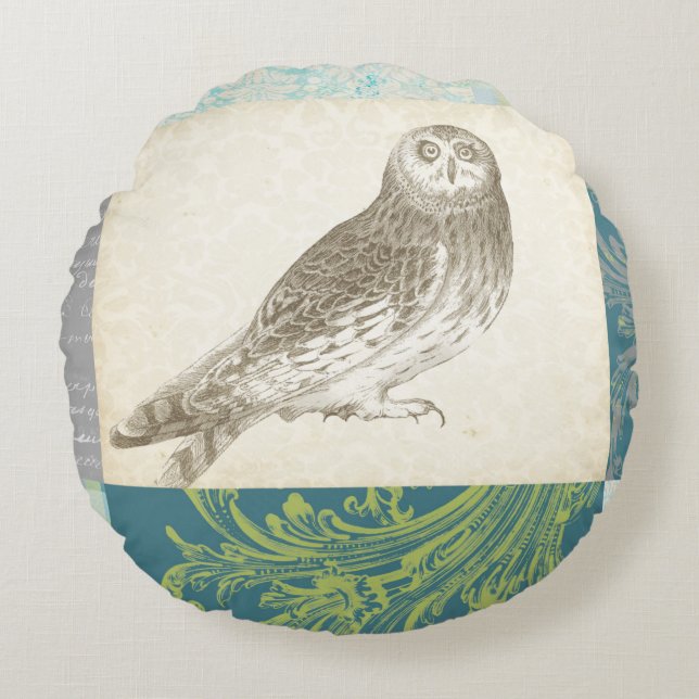 Graues Owl im Muster-Hintergrund Rundes Kissen (Vorderseite)