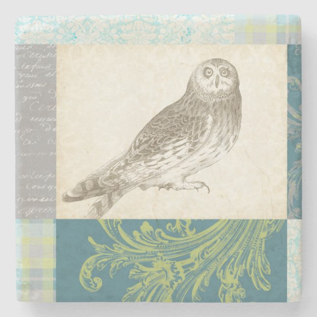 Graues Owl im Muster-Hintergrund Steinuntersetzer (Vorderseite)