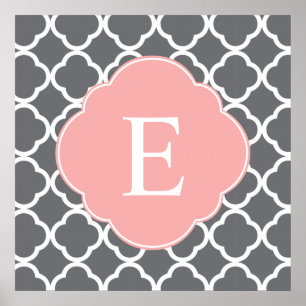 Graues Peach Quatrefoil Monogramm Poster