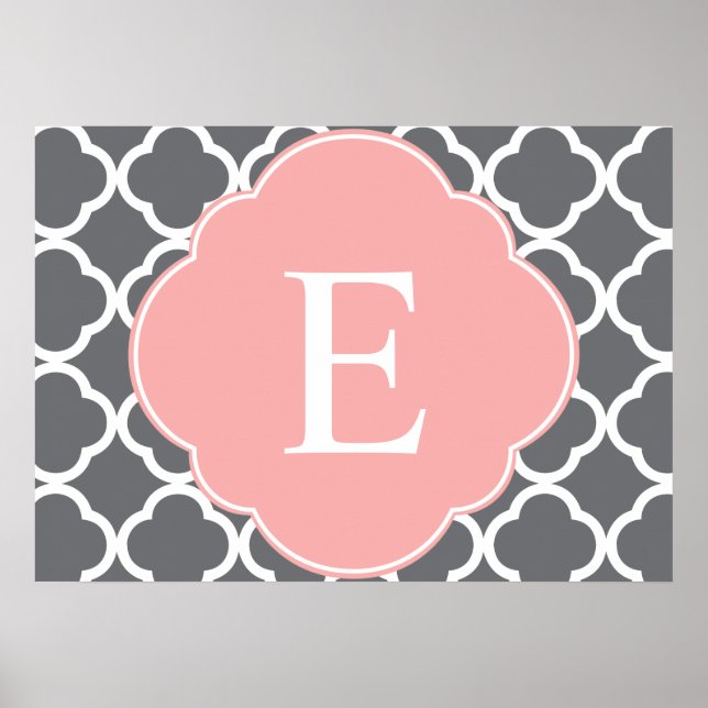 Graues Peach Quatrefoil Monogramm Poster (Vorne)