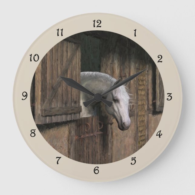 Graues Pferd an der stabilen Tür-Wanduhr Große Wanduhr (Vorderseite)