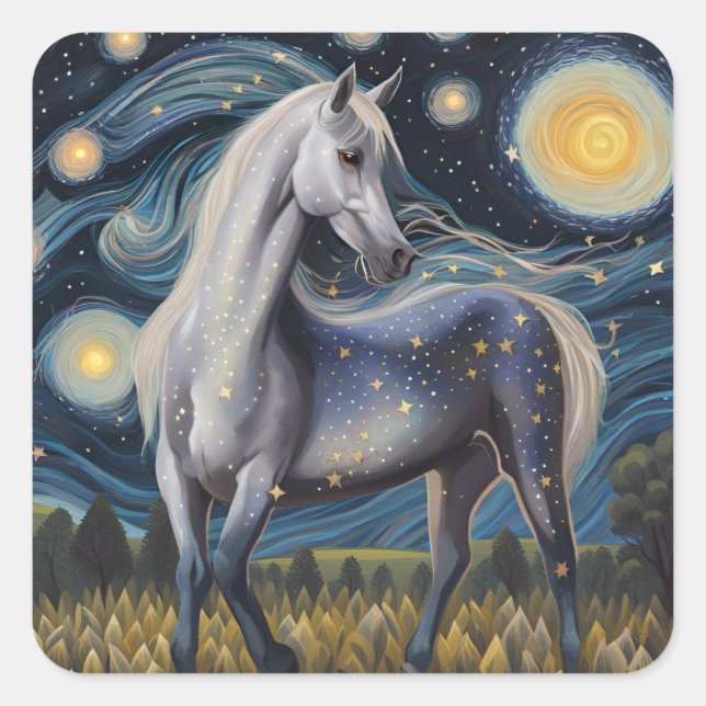 Graues Pferd in der Sternennacht Quadratischer Aufkleber (Vorderseite)