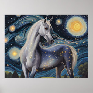 Graues Pferd in einer sternenklaren Nacht Poster