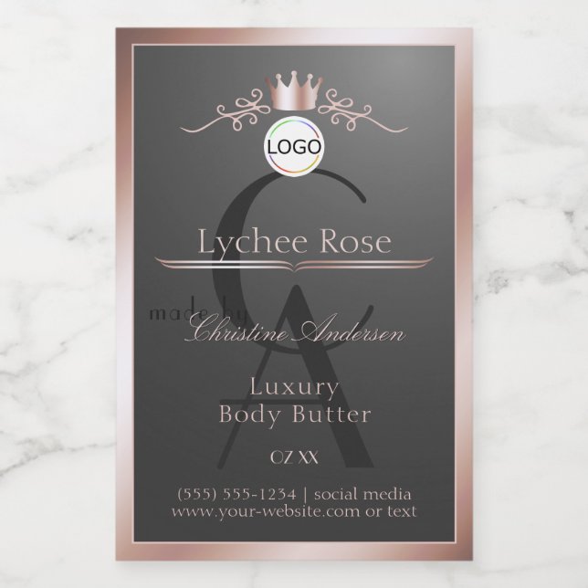 Graues Produktlabel Roségoldrahmen-Logo-Monogramm Lebensmitteletikett (Einzelnes Label)