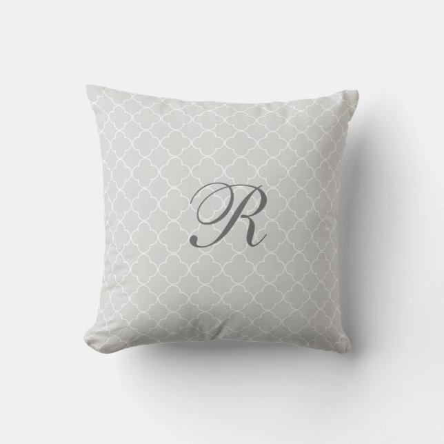 Graues Quatrefoil Muster-Monogramm-Kissen Kissen (Vorderseite)