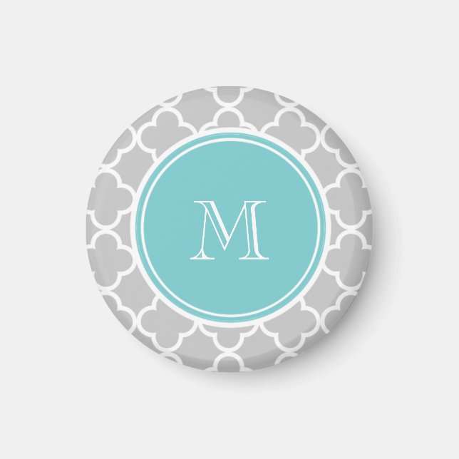 Graues Quatrefolienmuster, Aquamarines Monogramm Magnet (Vorne)