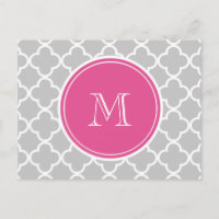 Graues Quatrefolienmuster, Hot-Pink-Monogramm