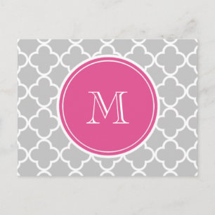 Graues Quatrefolienmuster, Hot-Pink-Monogramm Postkarte