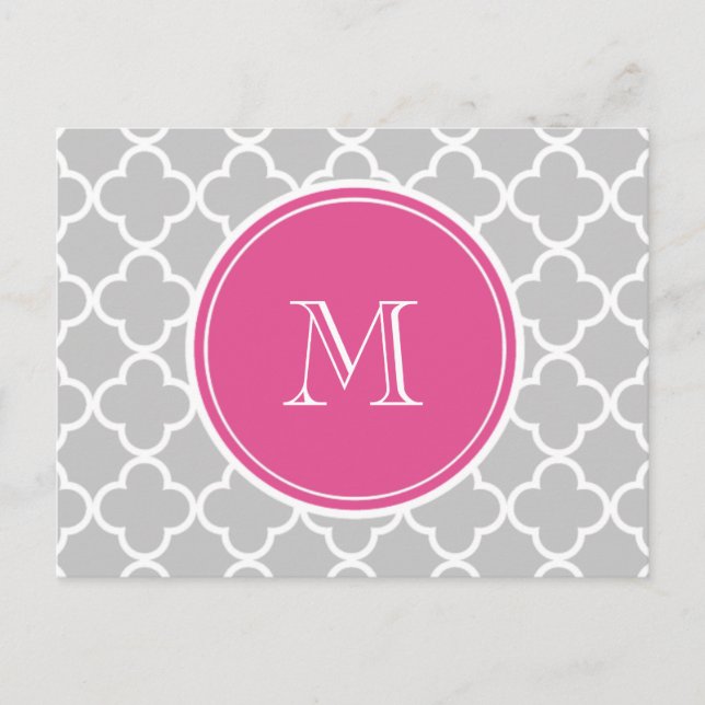 Graues Quatrefolienmuster, Hot-Pink-Monogramm Postkarte (Vorderseite)