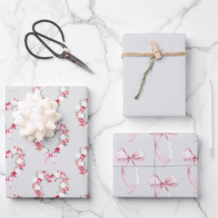 Graues Rosa Rosenblütenherz Brautparty Geschenkpapier Set
