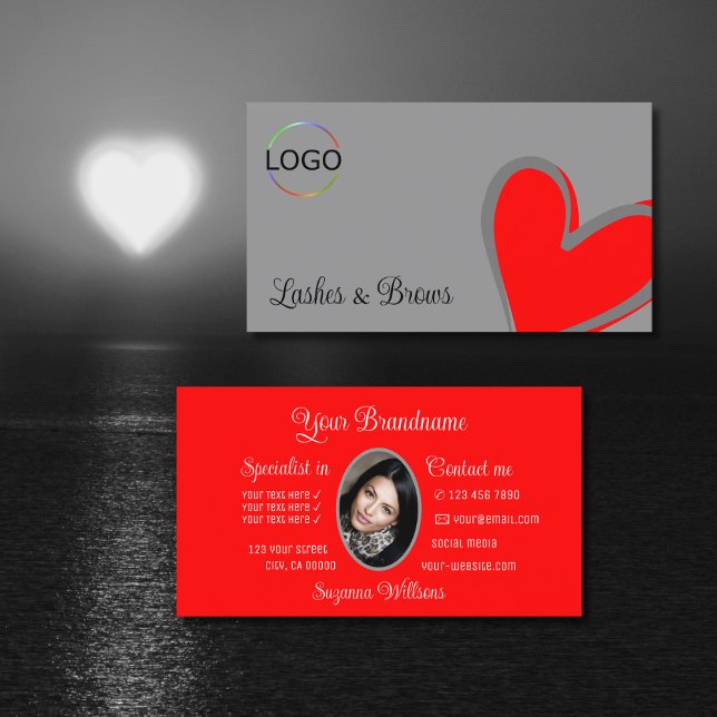 Graues rotes herrliches Herz mit Logos und Foto Ni Visitenkarte (Von Creator hochgeladen)