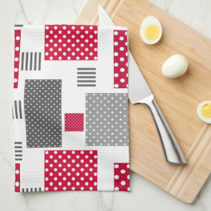 Graues rotes Polka-Dot-Patchwork auf weißem Hinter Geschirrtuch