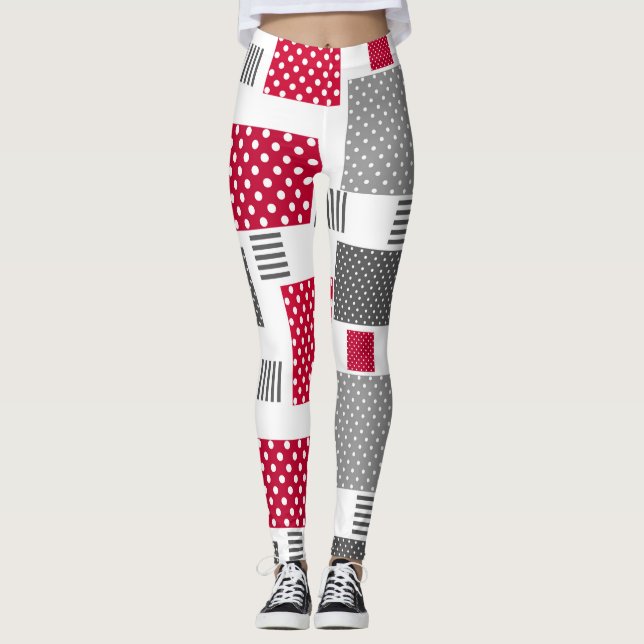 Graues rotes Polka-Dot-Patchwork auf weißem Hinter Leggings (Vorderseite)