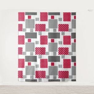 Graues rotes Polka-Dot-Patchwork auf weißem Hinter Wandteppich